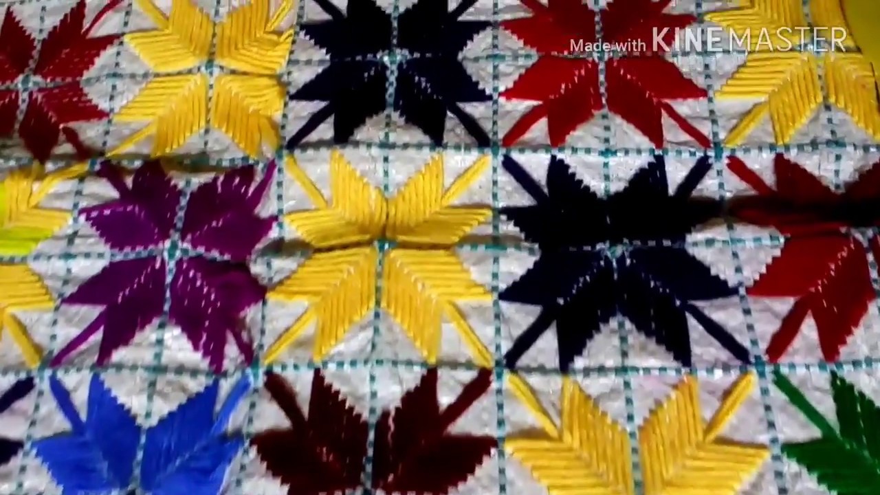 Table mat stitch on plastic Sack. Hand embroidery. Flower pattern on plastic Sack.