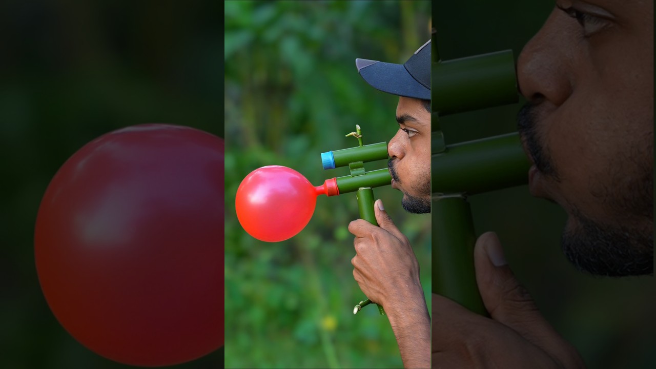 DIY Slingshots with two tube of bamboo and clour balloone #Bamboo #Slingshots