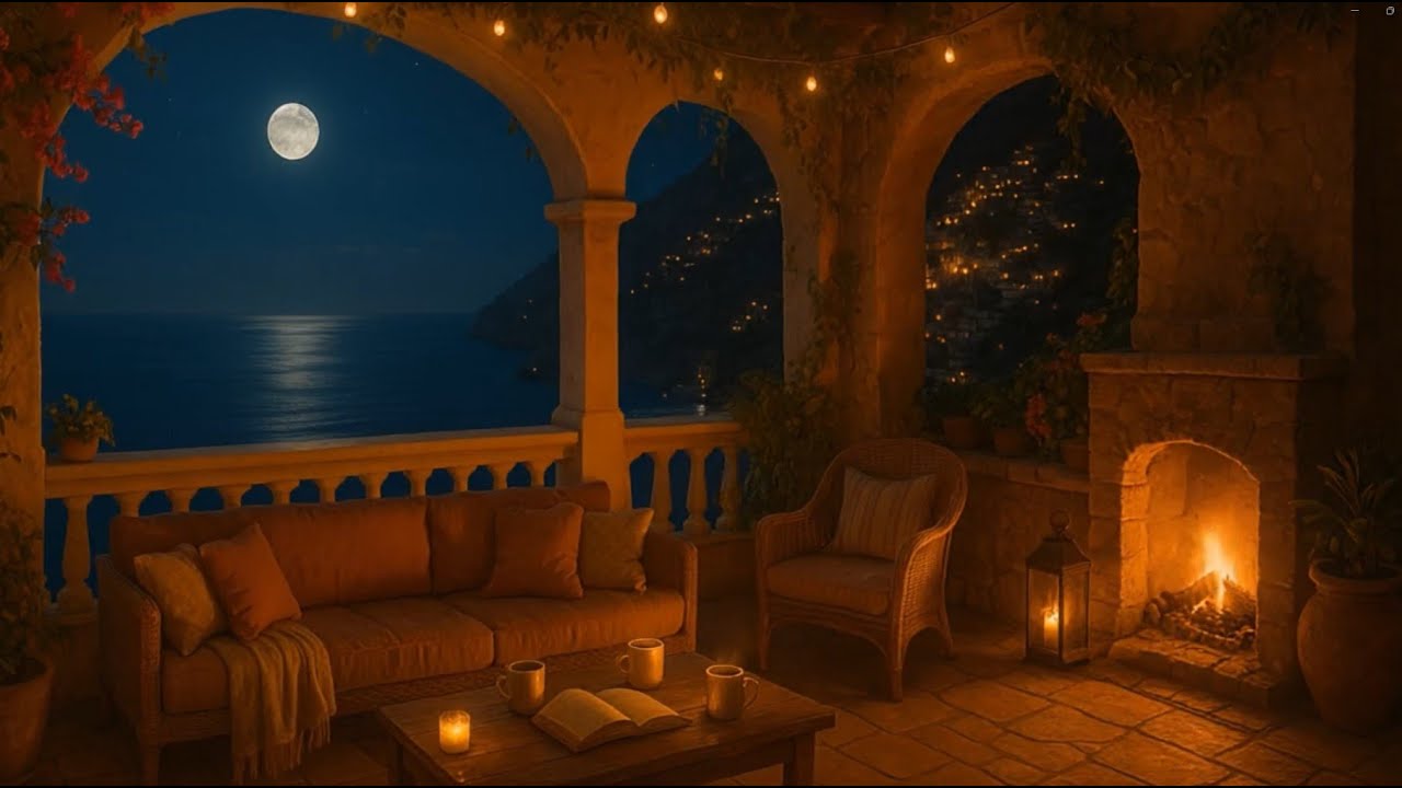 Cozy Porch Ambience 🌙✨ | Amalfi Coast Moonlit Sea View, Fireplace, Italian Jazz Music
