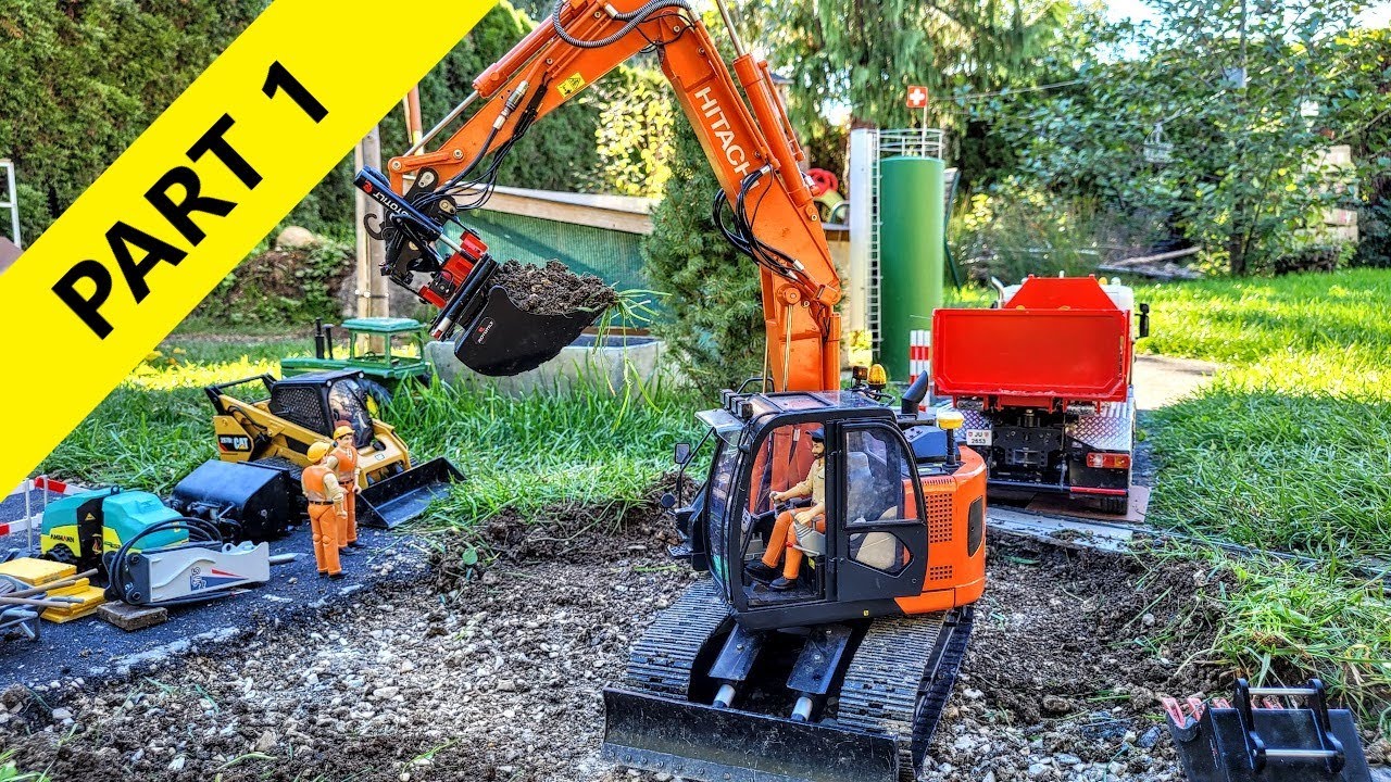 Roundabout construction, RC excavator Scale Hitachi ZX135 US Rototilt R4, CAT 297D, Scania.  Part 1