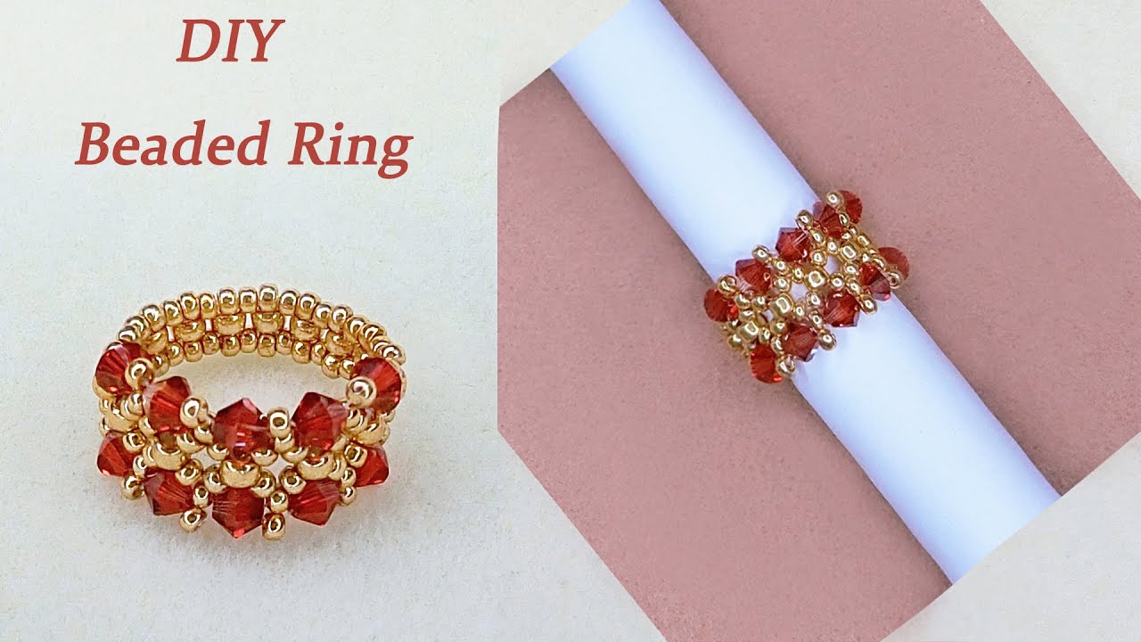 DIY Beaded Vintage Ring with Red Bicone Crystal Beads and Gold Seed Beads复古风串珠戒指