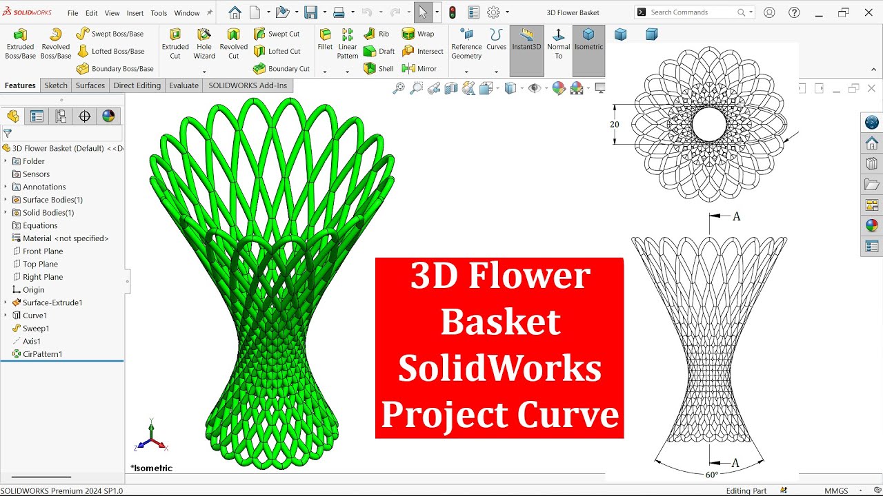 3D Flower Basket Modeling with SolidWork Project Curve Feature
