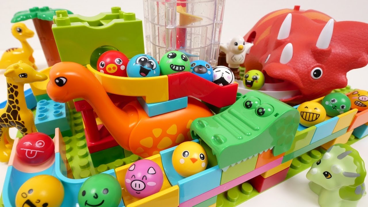 Satisfying Building Blocks Marble Run Dinosaur Triceratops Course