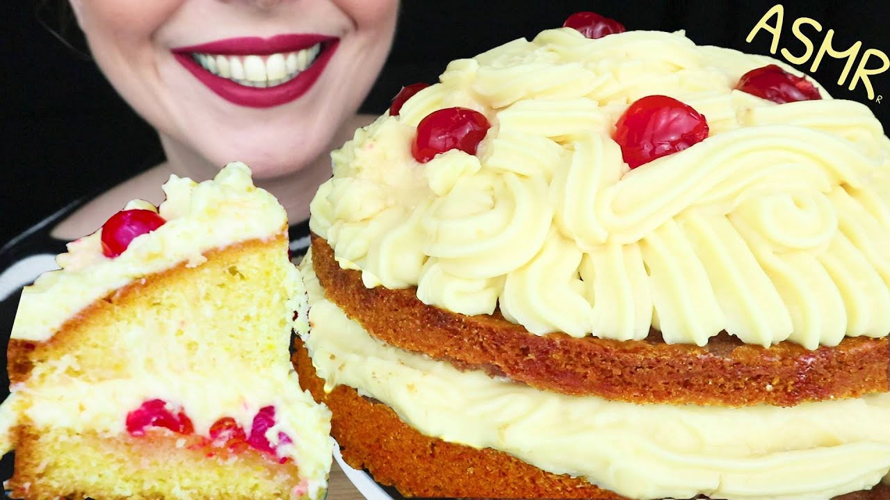 FROSTED VANILLA CAKE WITH CANDIED CHERRIES 🍰🍒 | ASMR Mukbang | Real Eating Sounds