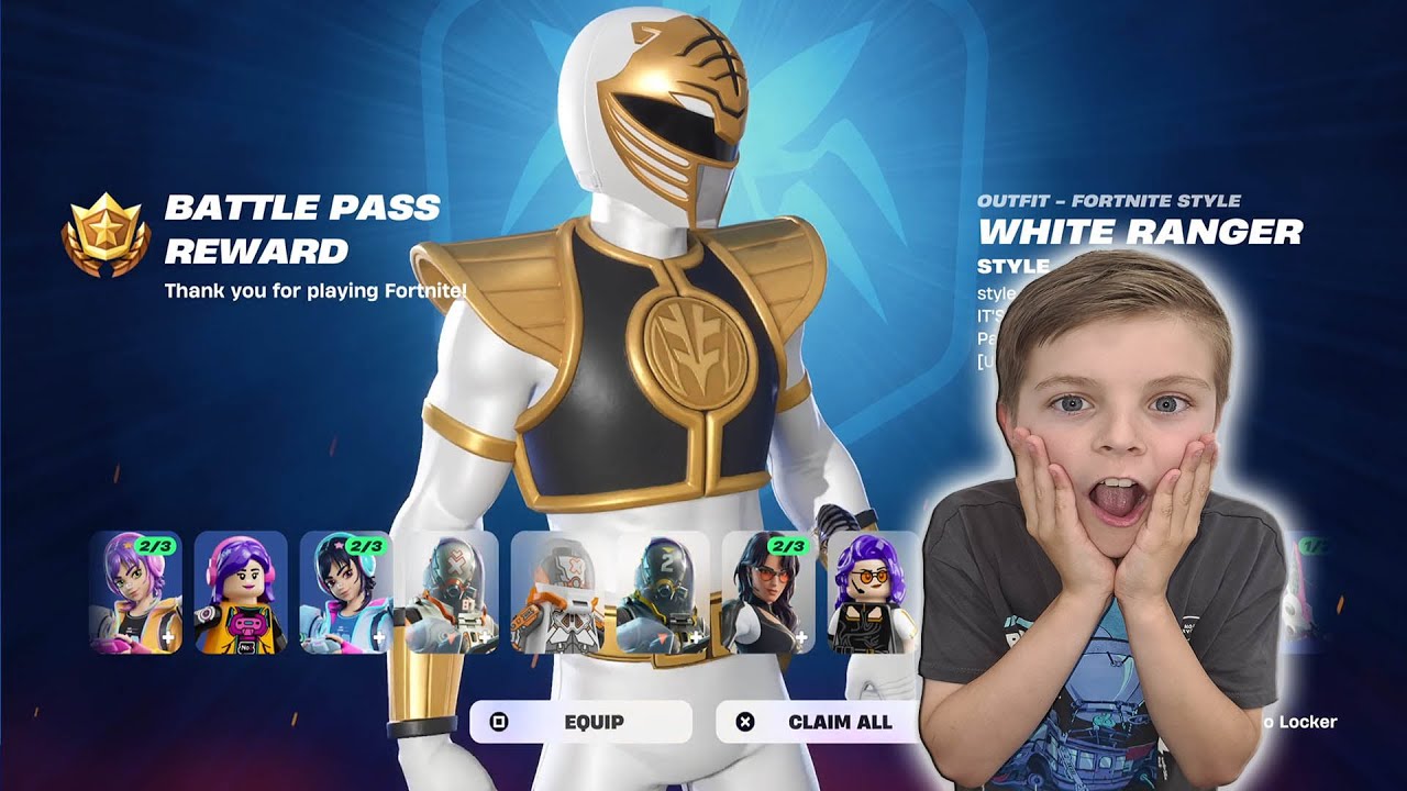 My Kid Reaction Unlocking Tier 100 Fortnite Battle Pass NEW Power Rangers Skin WHITE RANGER