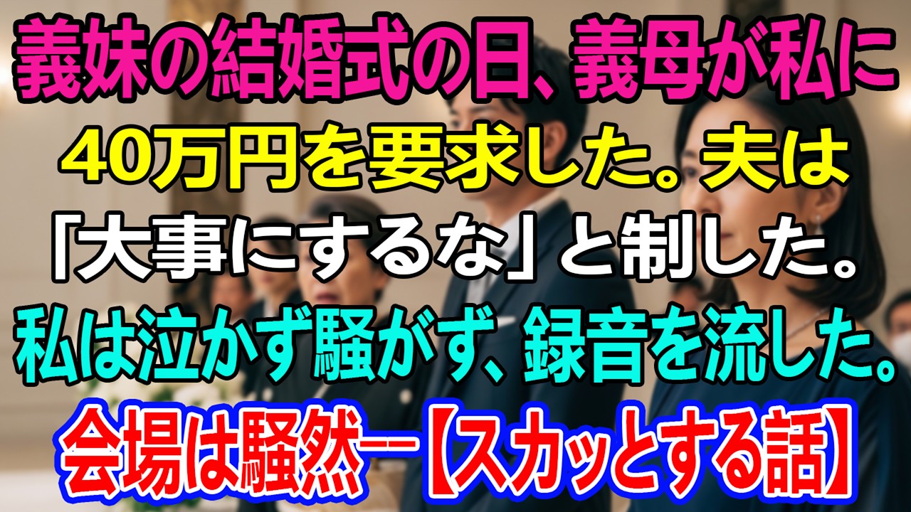義妹の結婚式の日、義母が私に40万円を要求した。夫は『大事にするな』と制した。私は泣かず、騒がず、ただ録音データを流した――会場は騒然となった。【スカッとする話】
