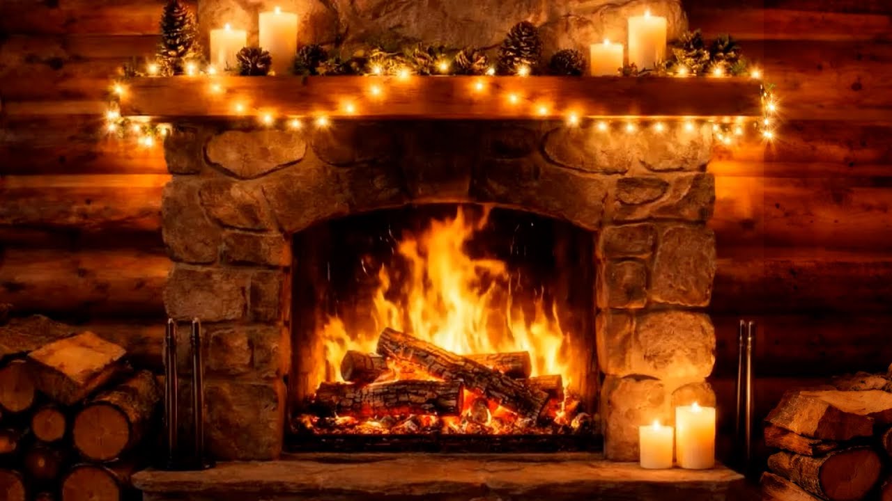 Luxuriöser Kamin mit glühenden Holzscheiten und knisternden Flammen – Gemütliches Kino-Ambiente in 4