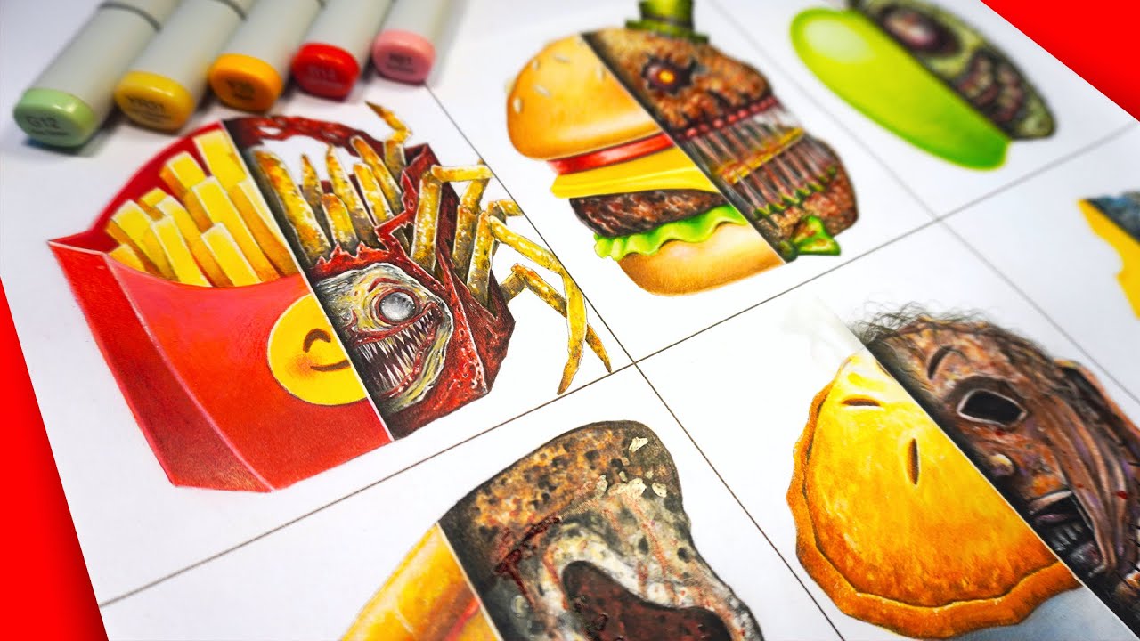 Drawing EMOJIS in Different SCARY Styles 🍟🍔✍️
