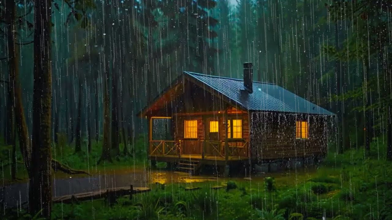Suono rilassante della pioggia per dormire ⛈ Forte pioggia e tuoni sulla casa di legno nella foresta