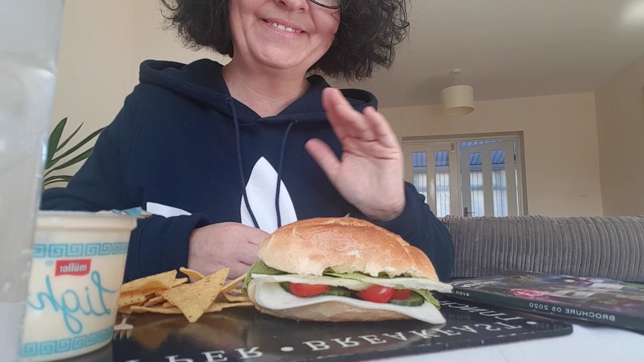 ASMR EATING CHICKEN SALAD ROLL & MULLER GREEK STYLE YOGURT, TORTILLA CHIPS...