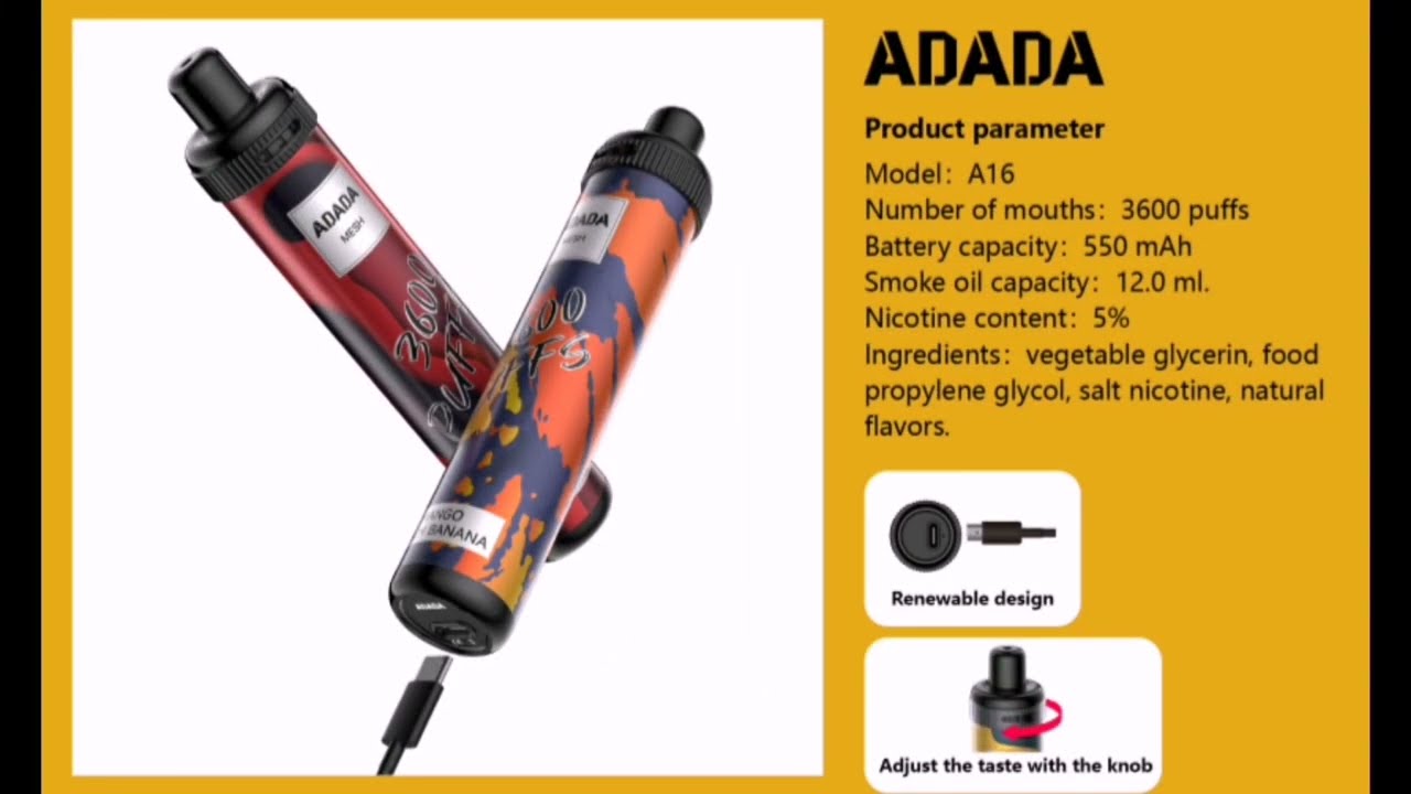 ADADA Vape A16, 3600 puffs, disposable vape pen, disposable e-cigarette, mesh coil.