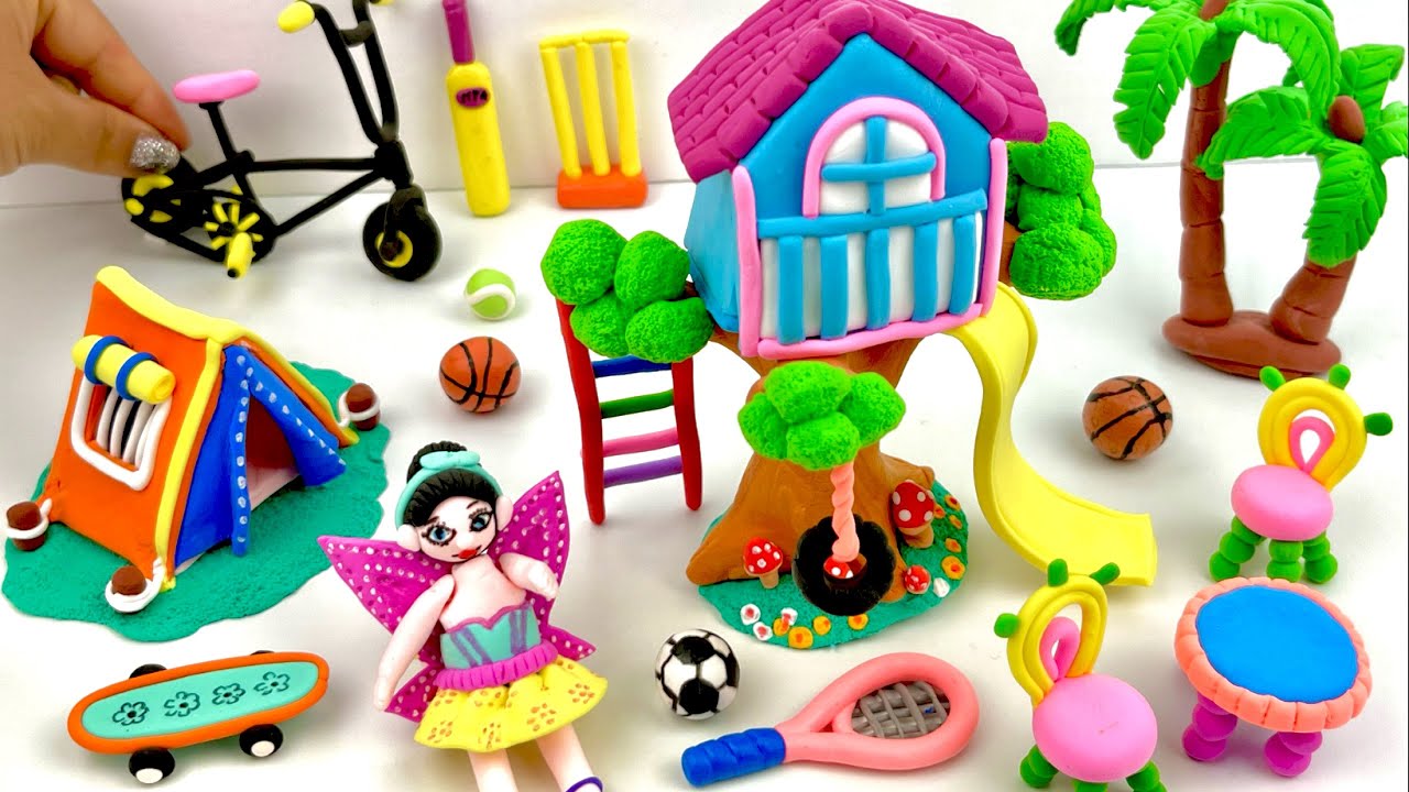 DIY How to make miniature polymer clay tree house, doll, playground set with swing, tree, basketball