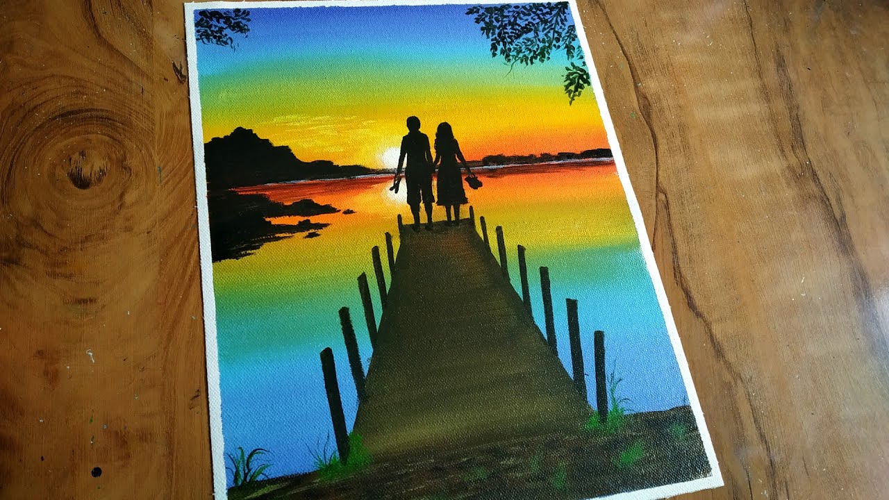 Easy Acrylic Painting for Beginners / A Romantic Couple On a Sunset Scenery Painting/Sunset Painting