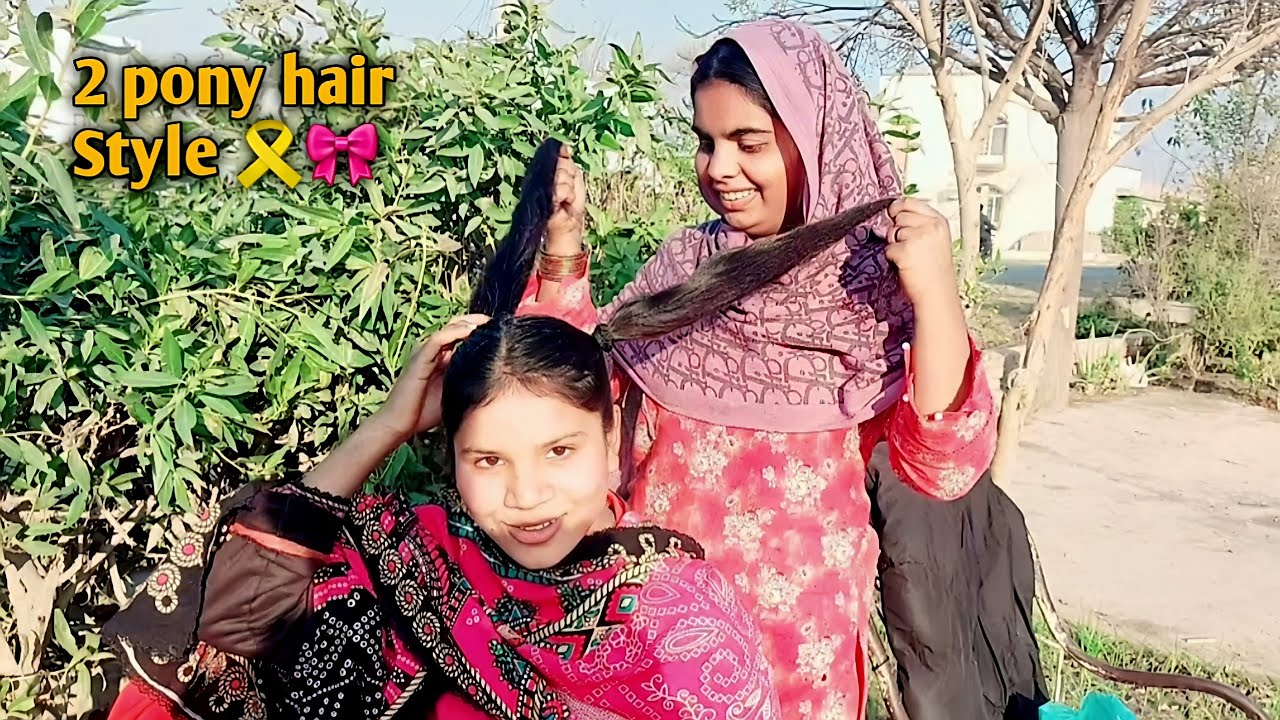Bhabhi ki 2 poniya ka hair style banya 🎀 / village Life of Pakistan 🇵🇰 | Guriya rani village vlog 