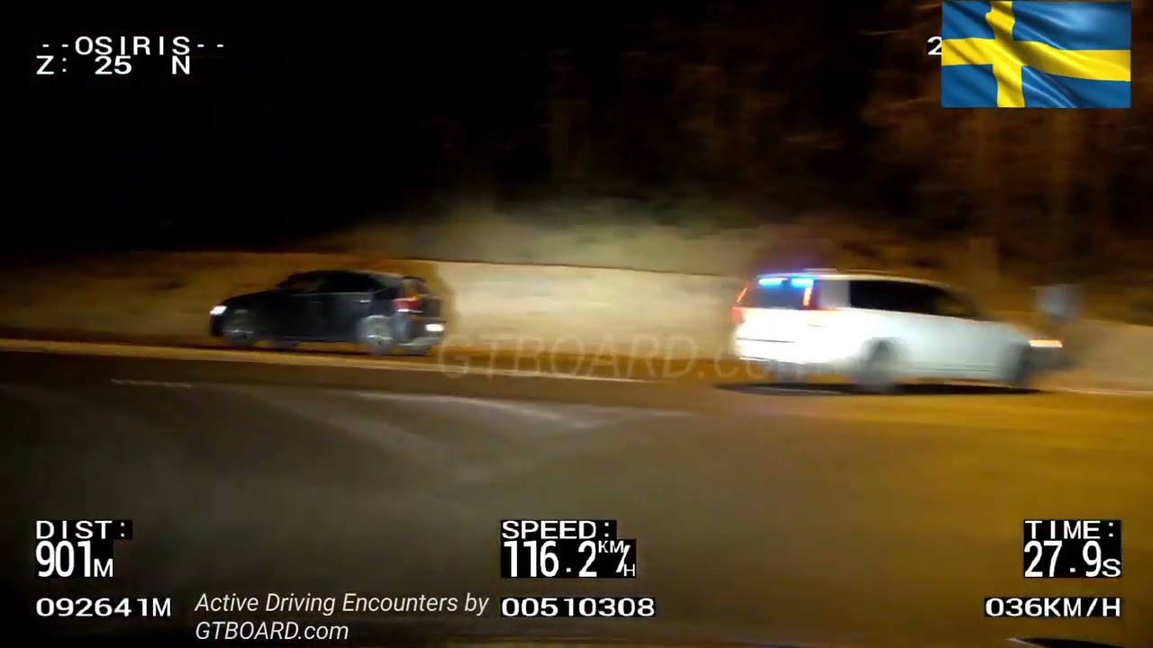 Volkswagen Polo GTI blacks out, tries to evade numerous Swedish police cars in slippery conditions.