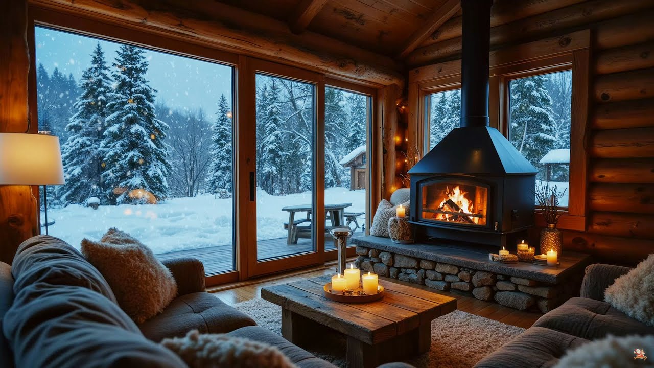 Cozy Winter Cabin Vibes ❄️ | Beautiful Snow Scenery 🔥 Crackling Fireplace 🎹 Relaxing Piano Music