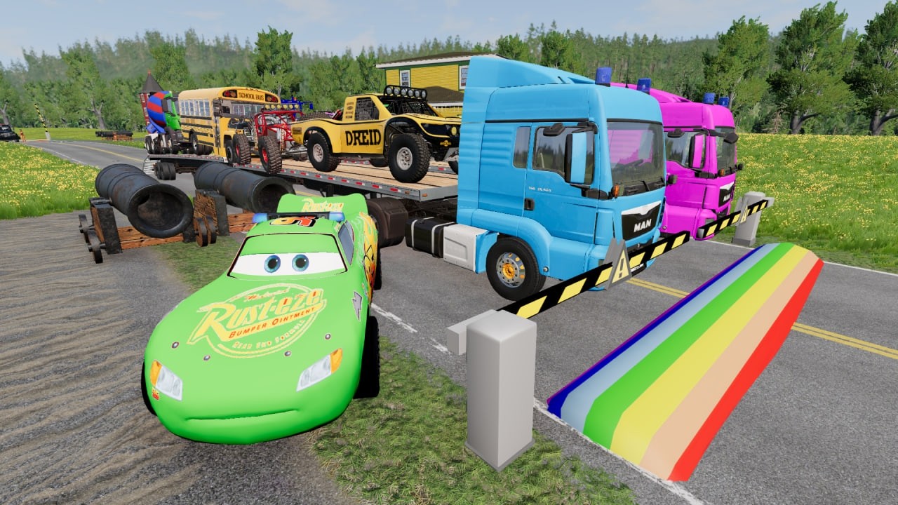 Double Flatbed Trailer McQueen Transportation with Truck - Cars vs Train - BeamNG.Drive 🚚🚖🚓