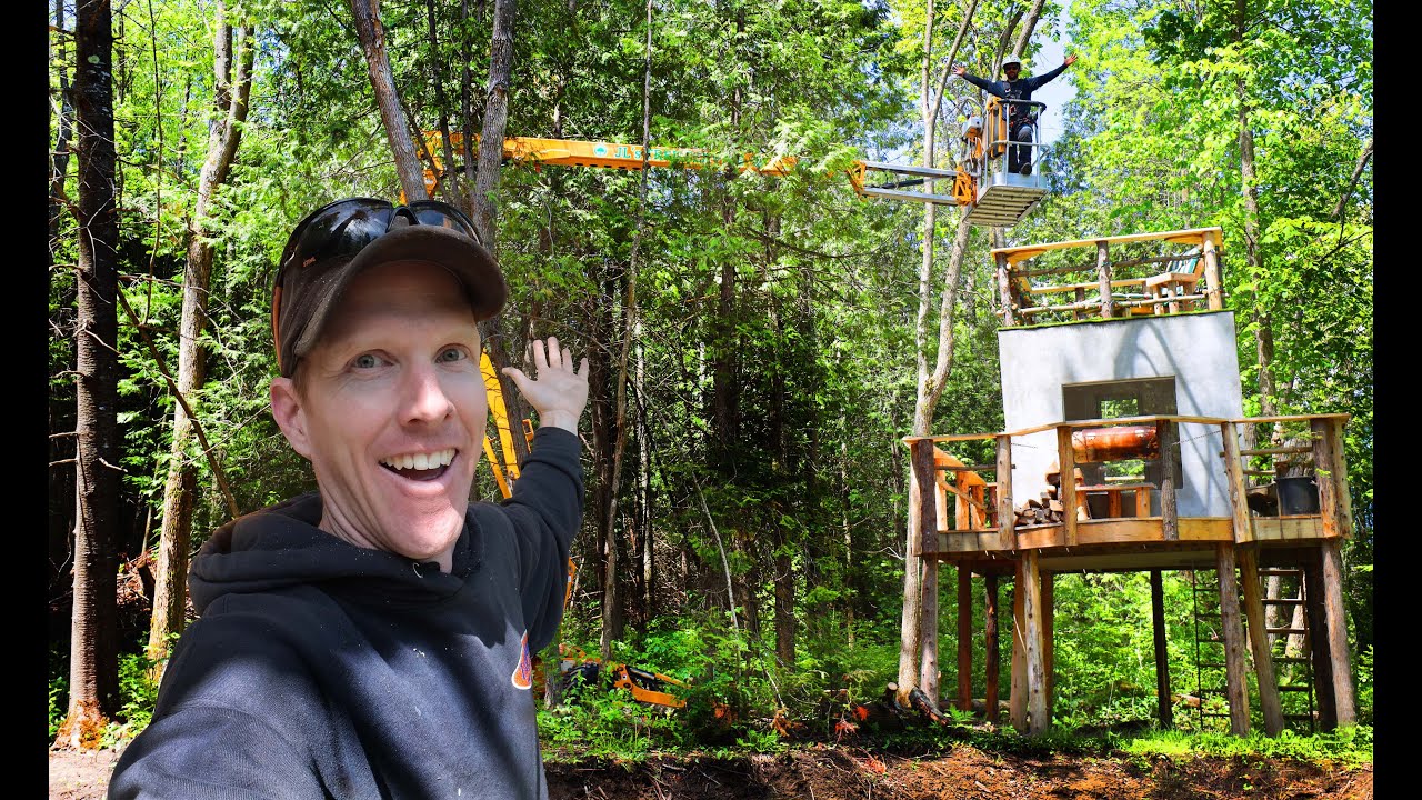 $100,000 Tree Bucket Lift Saves The Forest Cube! | Spring Snow, Building Deck for Log Cabin, Bonfire
