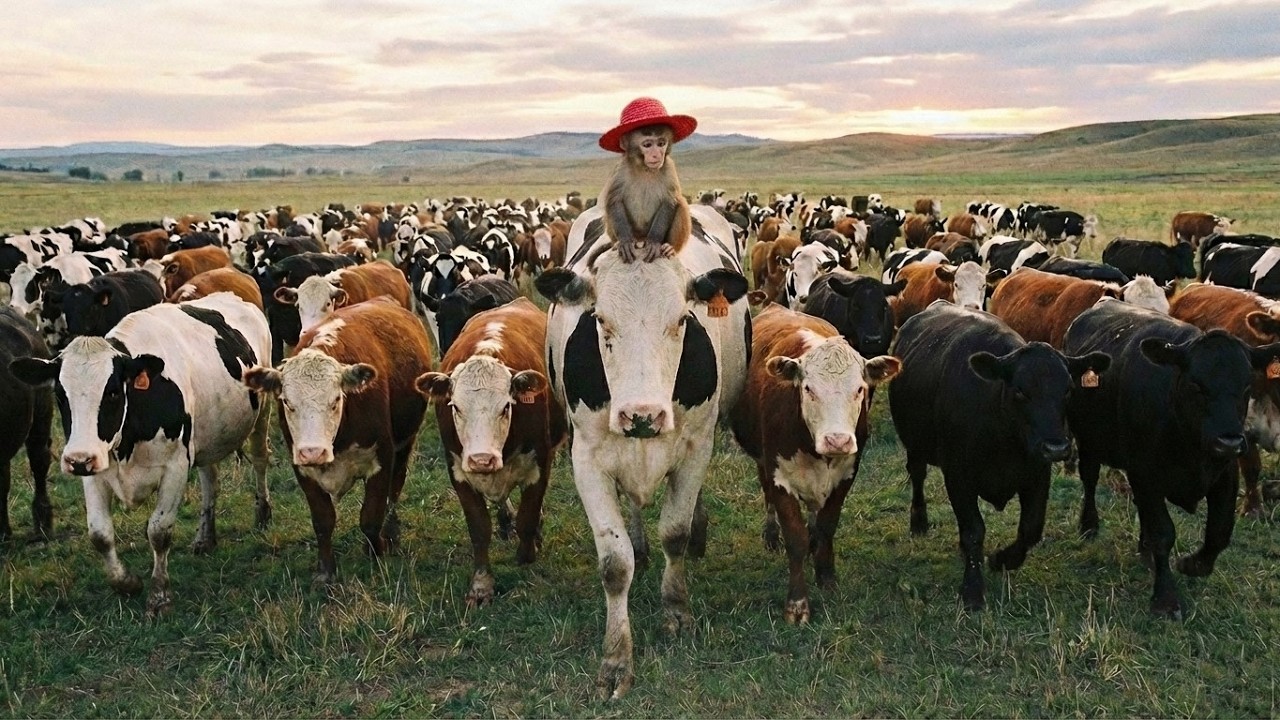 Bulls, cows, and calves happily explore the field - cows video.
