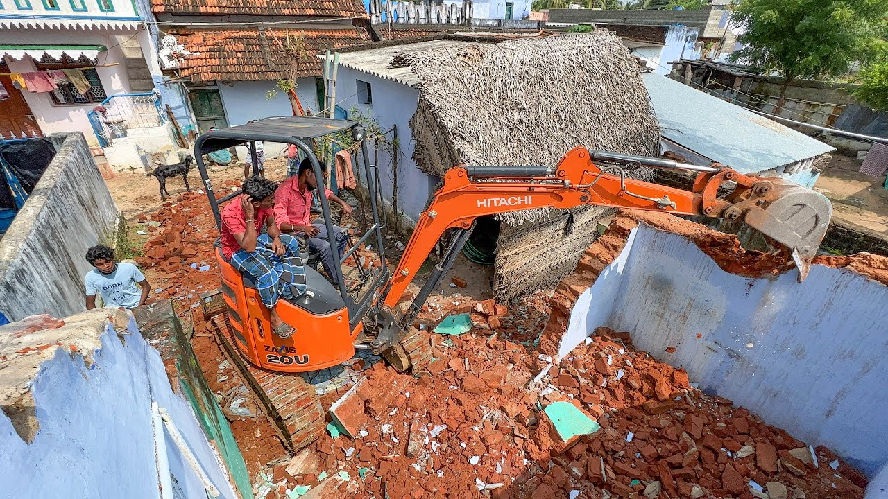 Demolishes house in small space by Mini Excavator and Removes in Village | jcb video