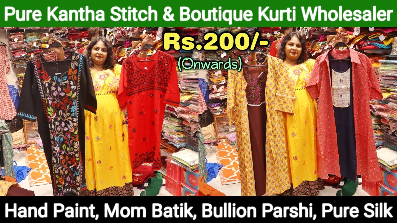 Kantha Stitch Kurti, Boutique Kurti, Bullion Parshi, Hand Paint, Batik Kurti Wholesaler in Kolkata