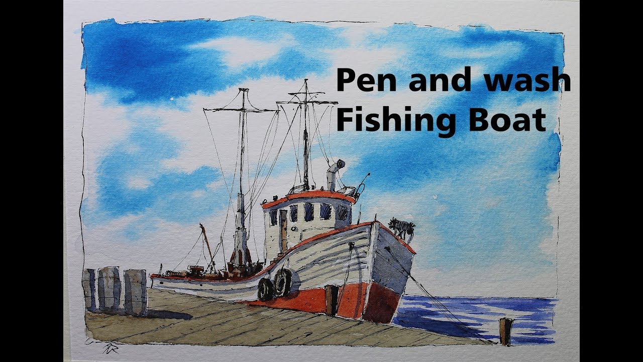 Pen and wash  Fishing Boat,watercolor minimum mix color,beginner.Nil Rocha