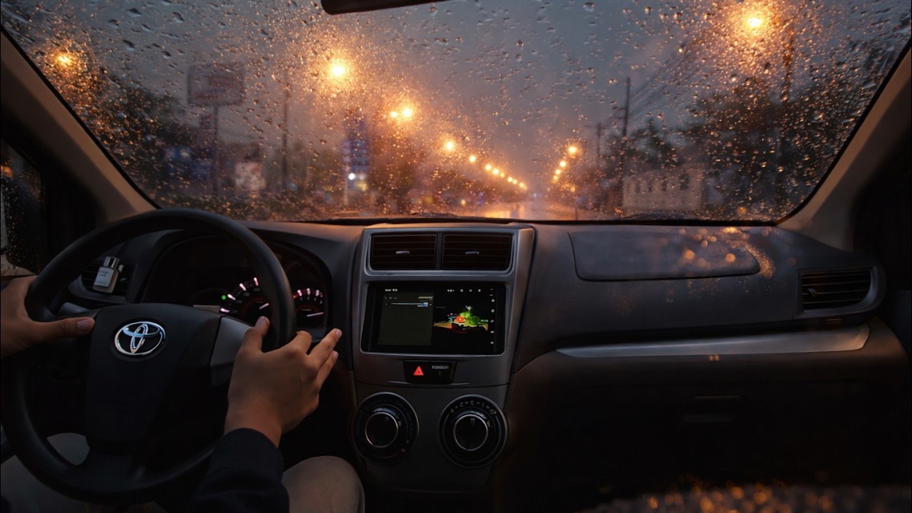 Driving in the heavy rain in the afternoon to sleep, work, or study.