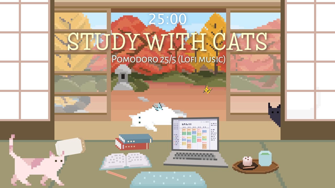 Study with Cats 🍁 Pomodoro Timer 25/5 x Animation | Lofi | Autumn Study Sessions in Garden View Room