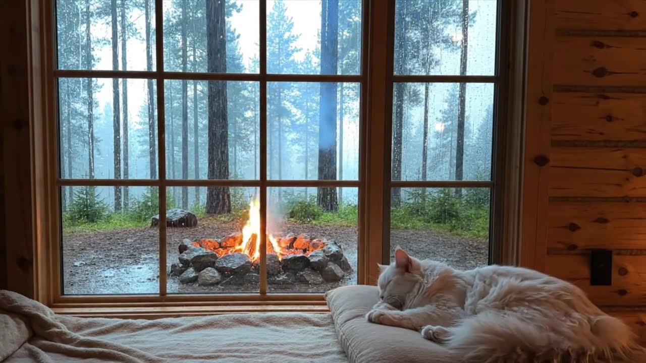 🌧️Sleep Better & Relax Deeply | Rainy Cabin Fireplace with Cozy Cat.
