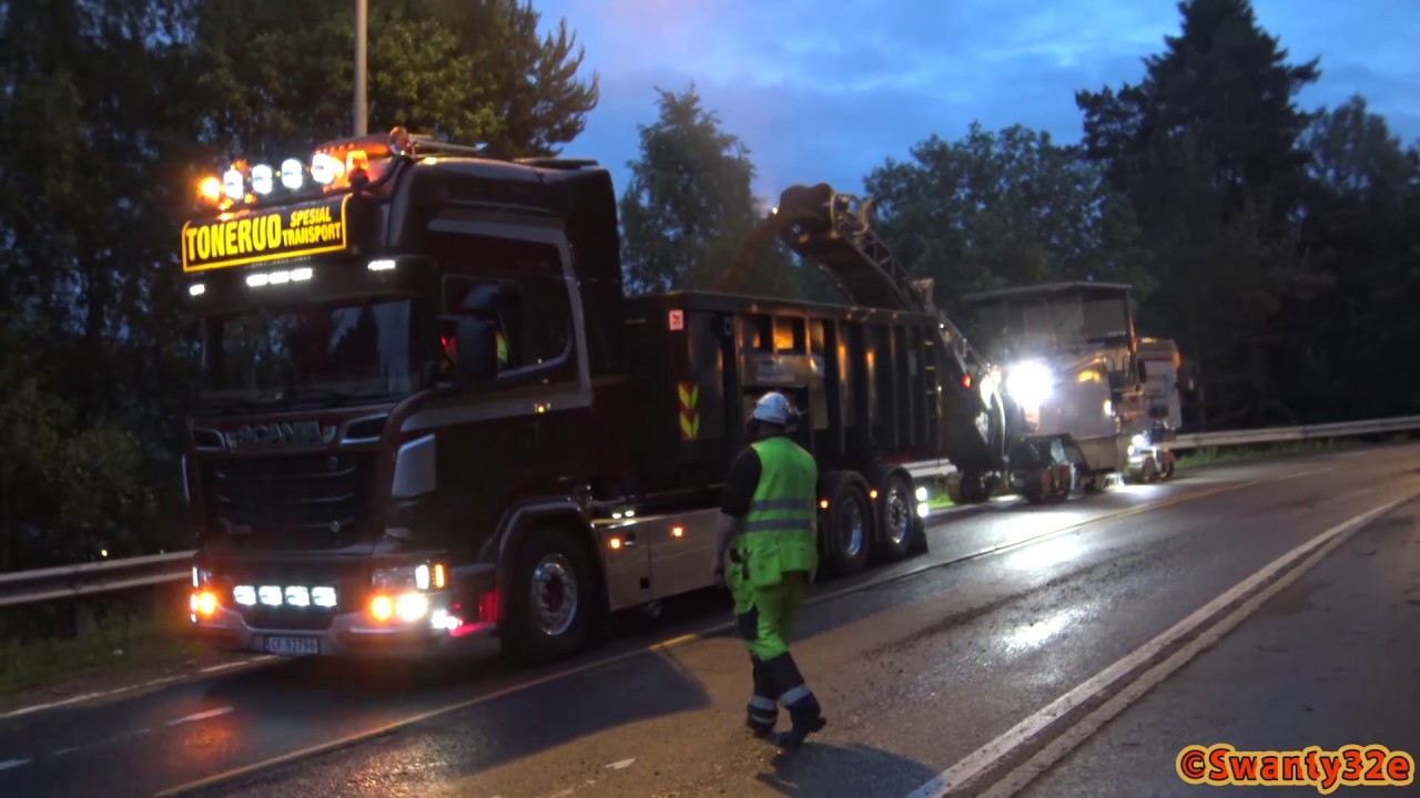 4K| Wirtgen W150CFi Cold Milling Machine, Scania And Volvo Dump Trucks