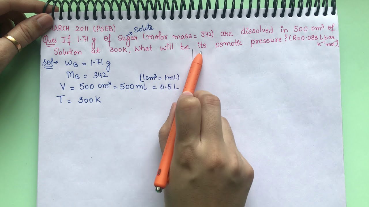 If 1.71g of sugar  are dissolved in 500cm3 of solution at 300K. What will be its osmotic pressure?