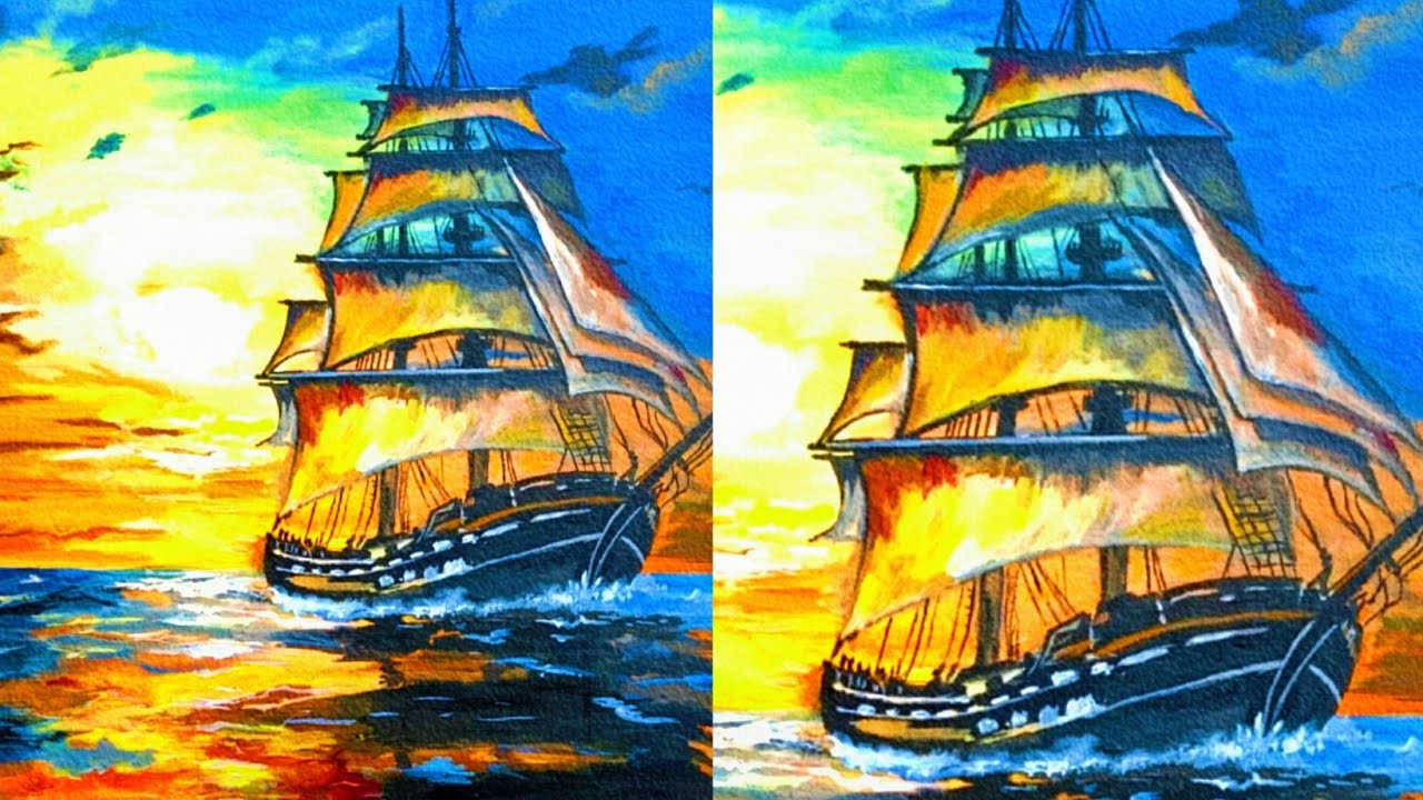 Sunset Ocean Acrylic Painting Step by Step | Sailing Ship Seascape