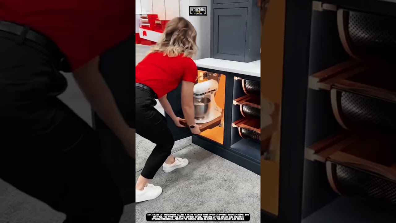 Lifting kitchen mixer from cabinet for ergonomic access worktool lift mechanism