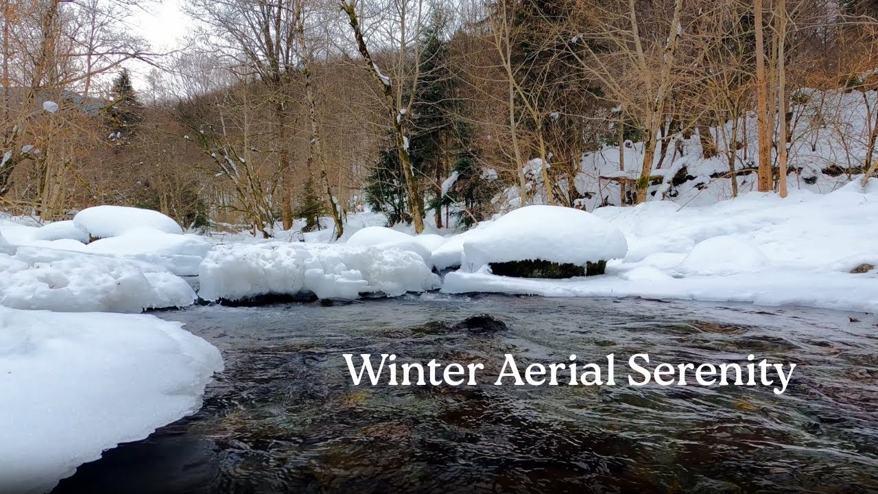 Snow-Laden Forests and Crystal Rivers Serene Aerial Flyover for Relaxation