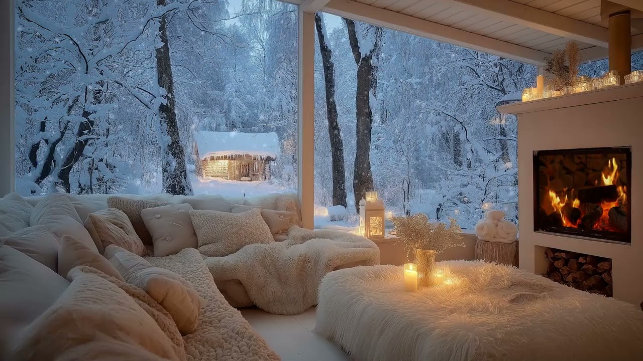 Peaceful White Winter Piano Lounge | Soft Fire Sounds & Snowfall | Meditation Relax Study Focus