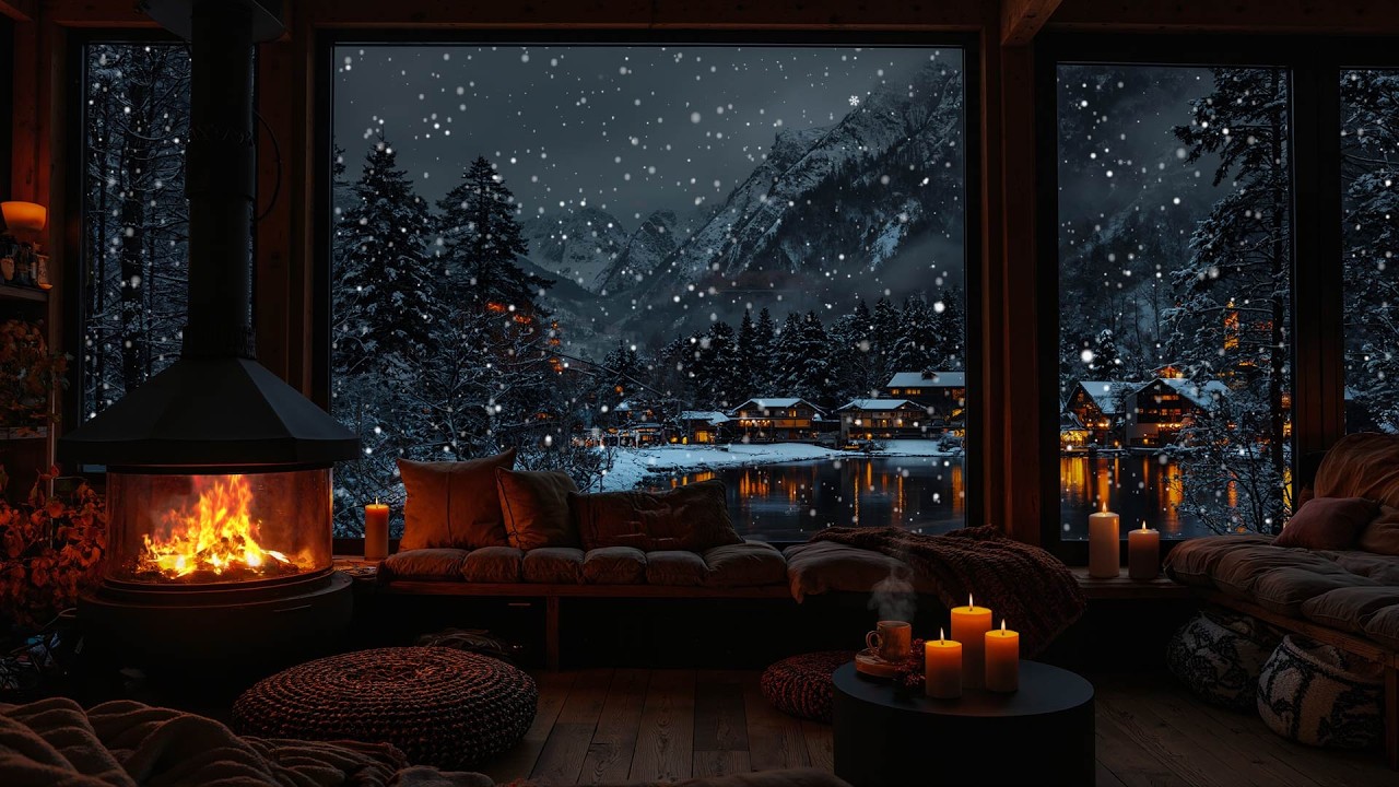 Snowstorm Night in Village: Warm Fireplace Ambience for Deep Sleep, Relax, Calm and Cozy Winter