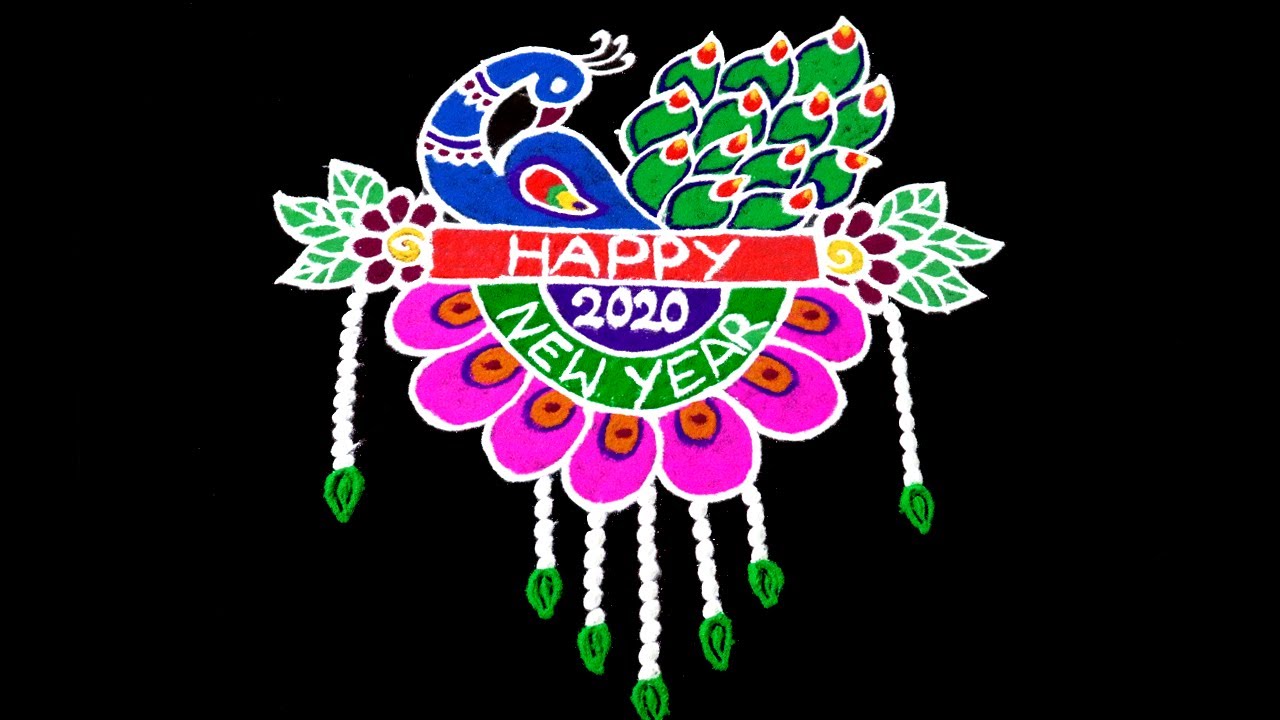 New Year Rangoli 2020 || 7x3 Dots New Year Kolam || New Year Special Peacock Rangoli 2020 With Dots