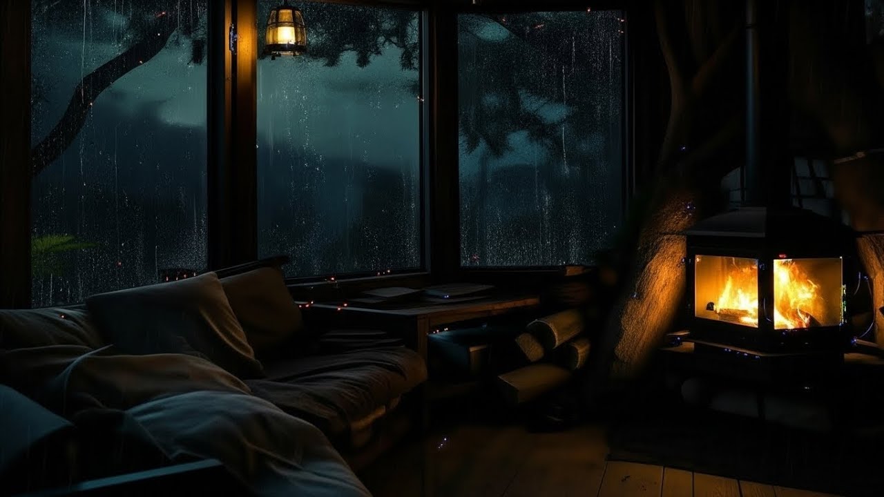 Rainy Cabin Night Ambience |CracklingFireplace & Rain for Sleeping