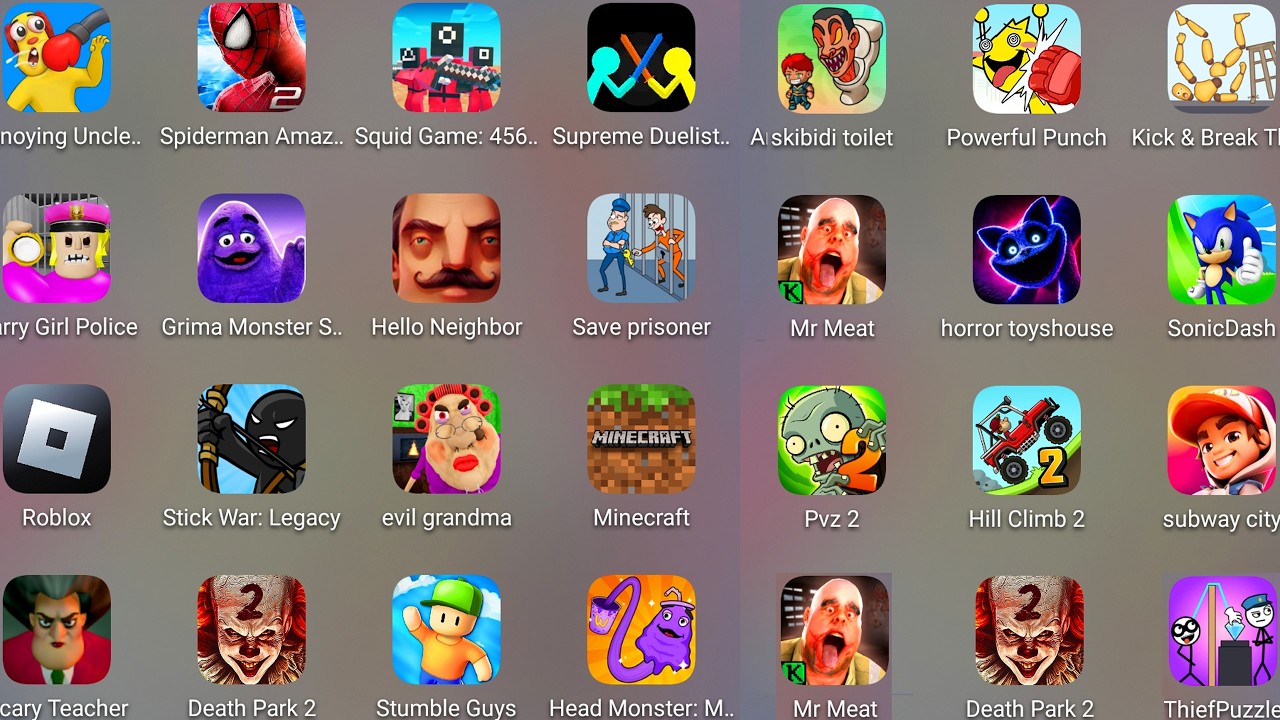 Grimace Monster Scary Survival,Barry's Police Girl,Poppy Playtime 5,Death Park 2,MrMeat,Evil Grandma