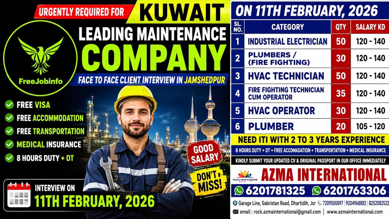 Kuwait Maintenance Company Jobs 2026 | Face to Face Interview Jamshedpur | HVAC Electrician Plumber