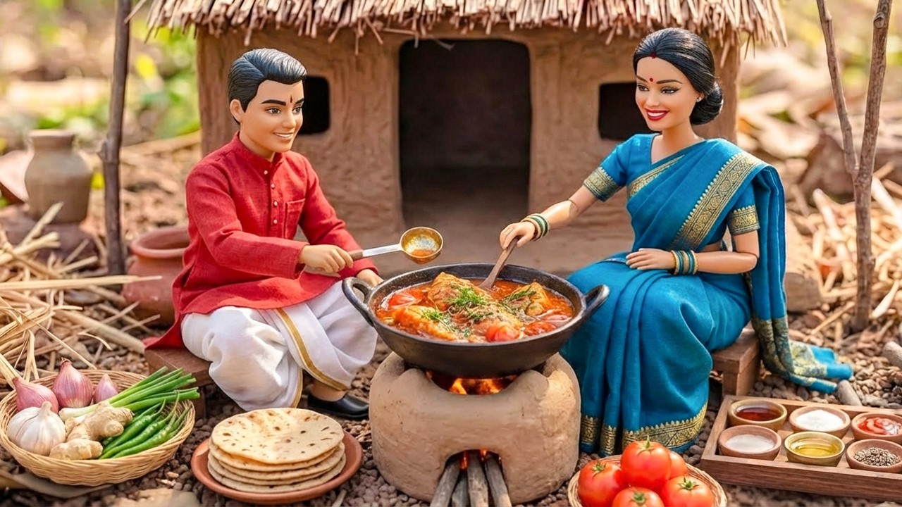 Miniature Doll Couple Fish Tomato Curry🍅& Roti Cooking ASMR🍪| Indian Village Tiny Kitchen Story
