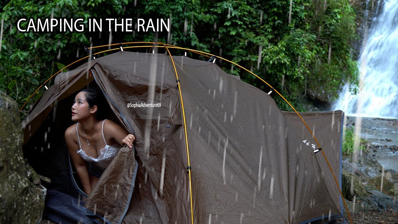 Camping In The Rain At Beautiful Waterfall - Relaxing In tent With Natural Sounds