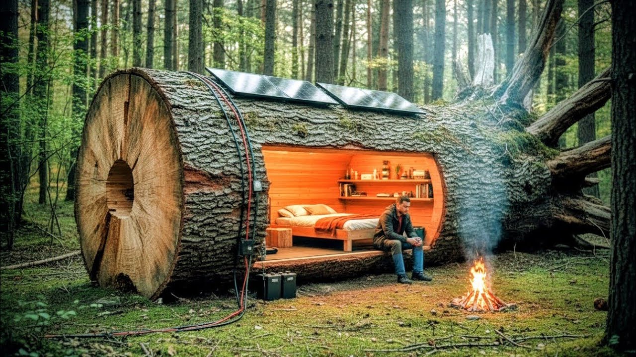Building a Hidden House Inside a Giant Fallen Tree (ASMR)Living Inside a Fallen Tree