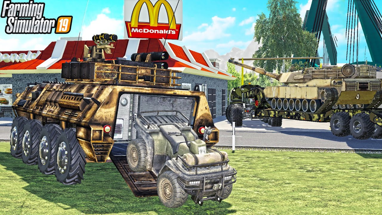 MILITARY CONVOY AT MCDONALDS DRIVE THRU! | OVERSIZE LOAD | FARMING SIMULATOR 2019