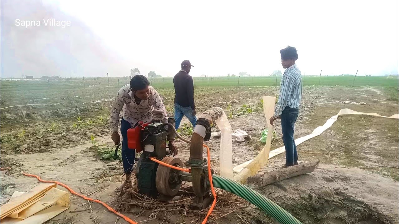 Diesel Engine Water Pump Old Machine 4 inch New Plastic Pipe diwara kisaan Sinchai Working