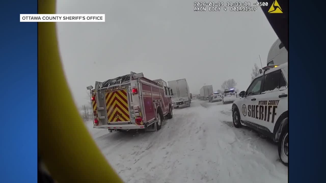 Body camera video shows aftermath of 100-vehicle pileup on I-196 in Hudsonville