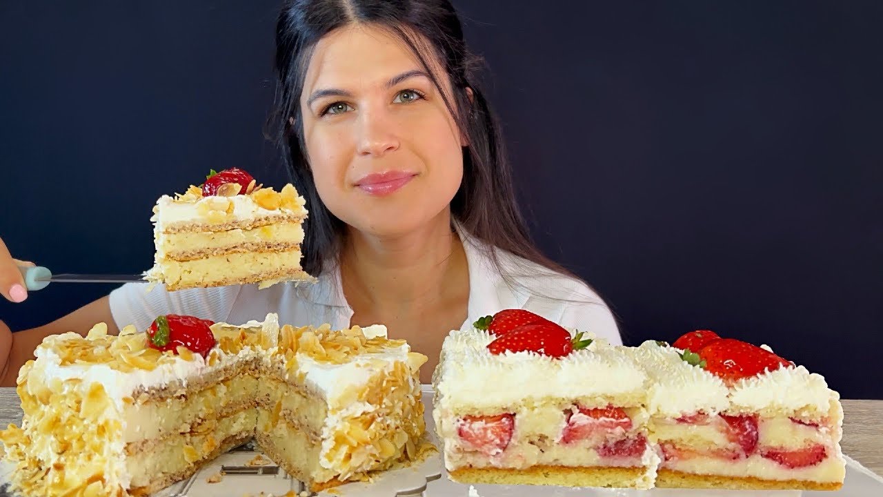 STRAWBERRY & NOUGATINE CAKE | MUKBANG | ASMR | EATING SOUNDS
