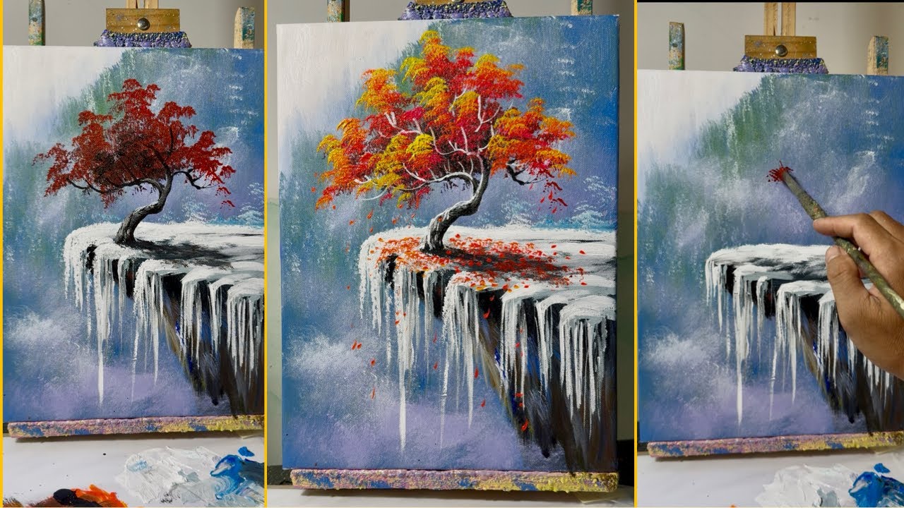 Red Autumn Tree on Icy Winter Mountain | Step-by-Step Acrylic Painting | Nature Glow Art