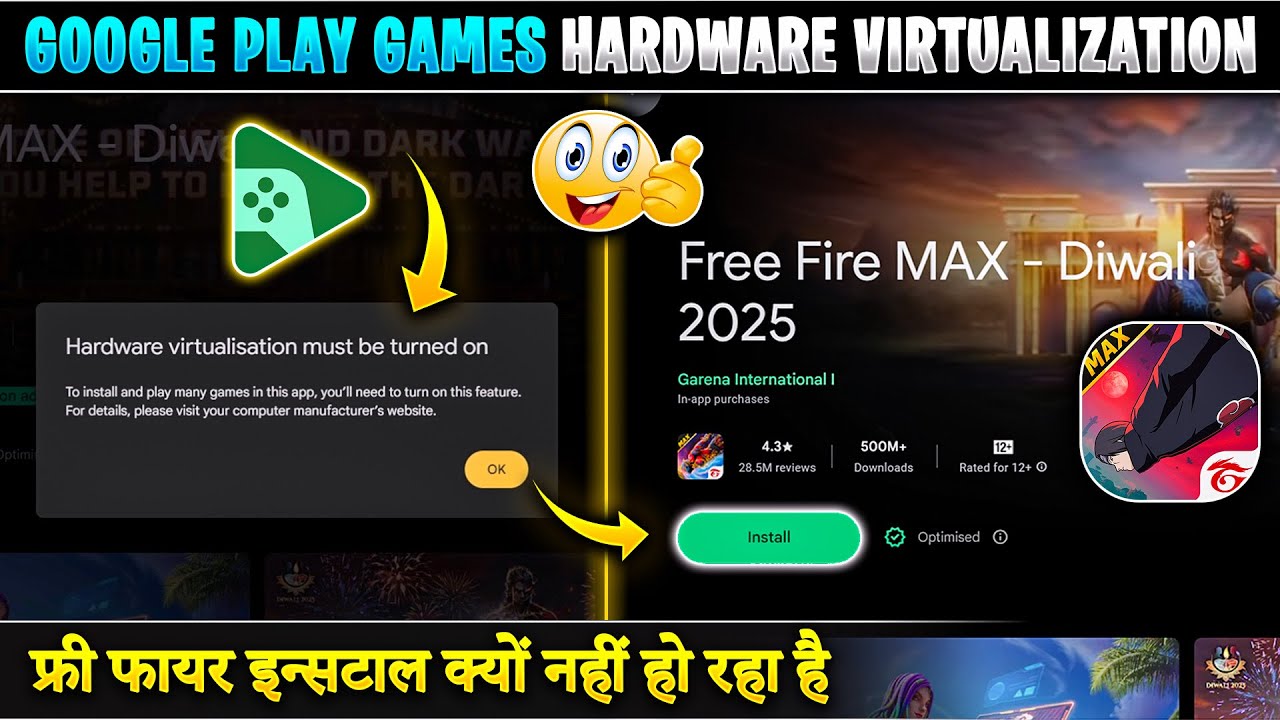 Google Play Games Hardware Virtualization Must Be Turned On | Google Play Game Yellow Install button