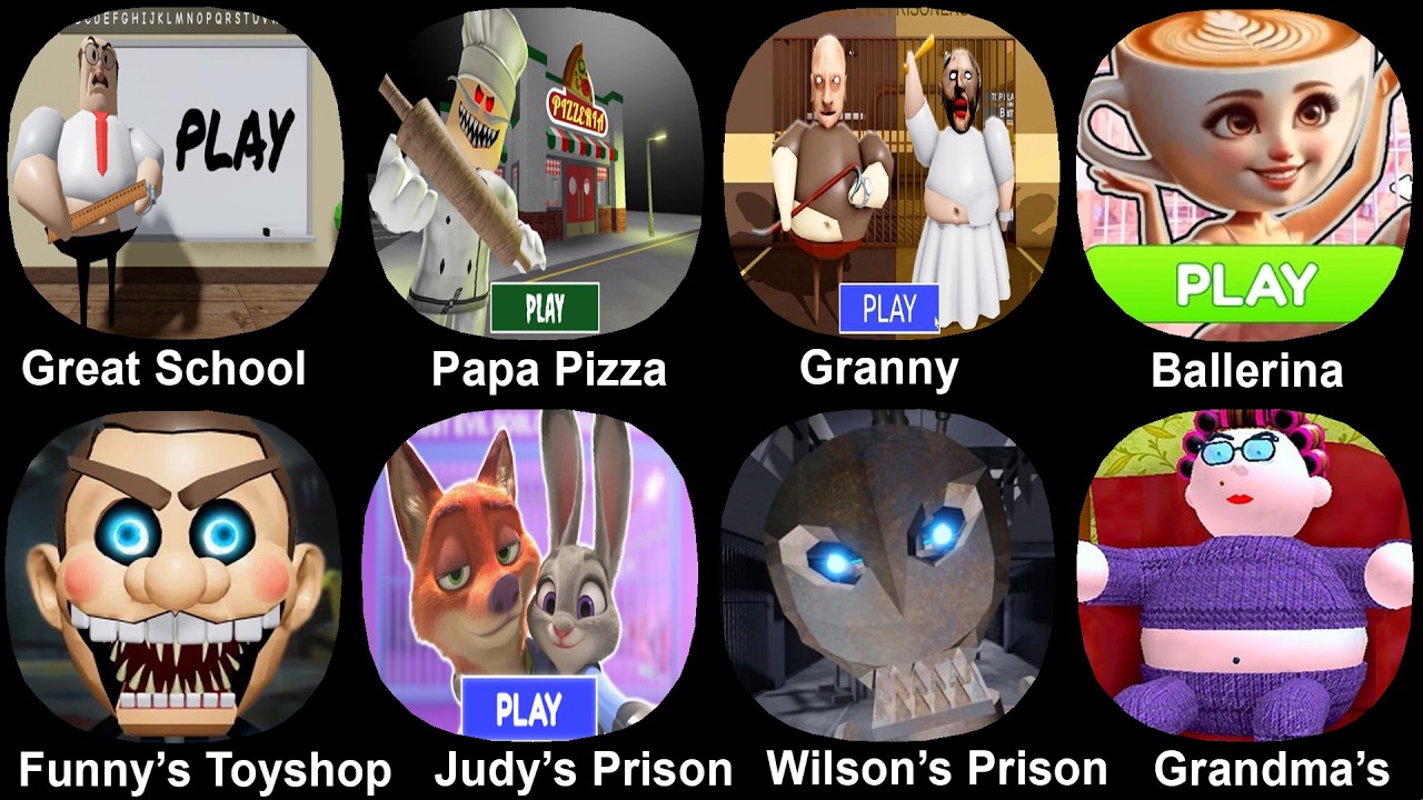 Great School, Papa Pizza, Granny Vs Grandpa, balerina Cappuccina, Funny's Toyshop, Judy's Prison